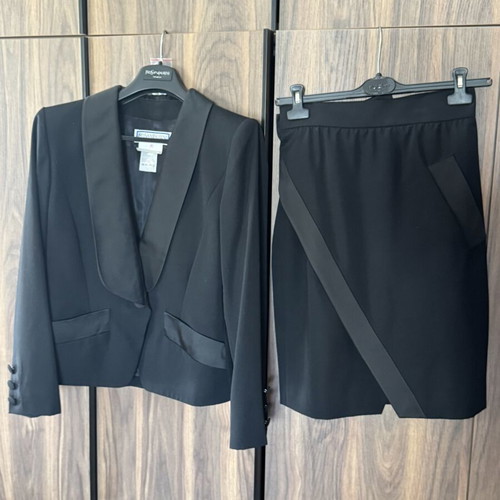 Yves Saint Laurent Variation black wool skirt suit with satin details FR 40