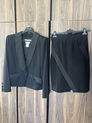 Yves Saint Laurent Variation black wool skirt suit with satin details FR 40