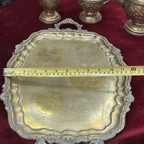 Vintage tea set used, oriental style with embossed teapot and tray
