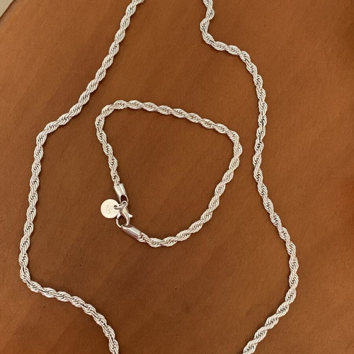 Silver 925 Rope Chain Necklace and Bracelet Set