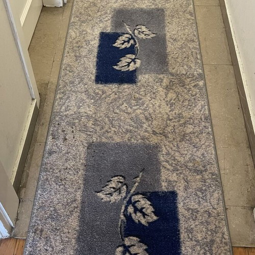 Runner rug used, 3.00 x 0.67 m, gray and blue leaf design