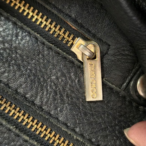 Jimmy Choo shoulder bag used, large black leather tote with gold accents