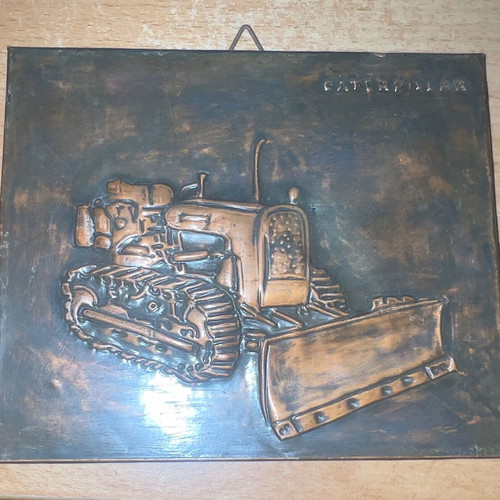 Cat Caterpillar copper advertising plaque like new, 15x12cm, 1970s