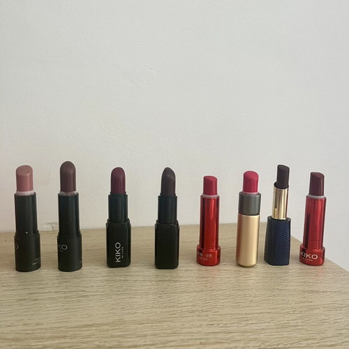 Kiko Milano lipsticks used, various shades red, burgundy, pink, brown