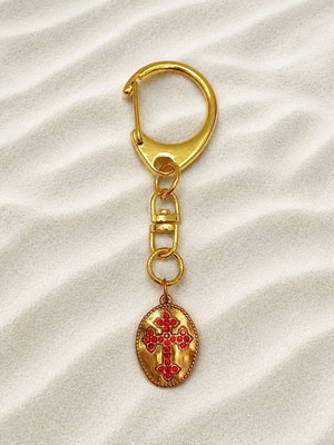 Metal keychain cross with steel pendant and rhinestones