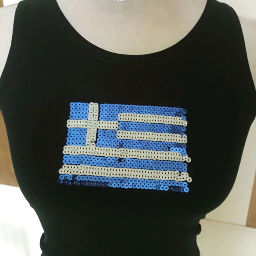 Y2K Black Sleeveless Tank Top With Greek Flag Sequin Like New