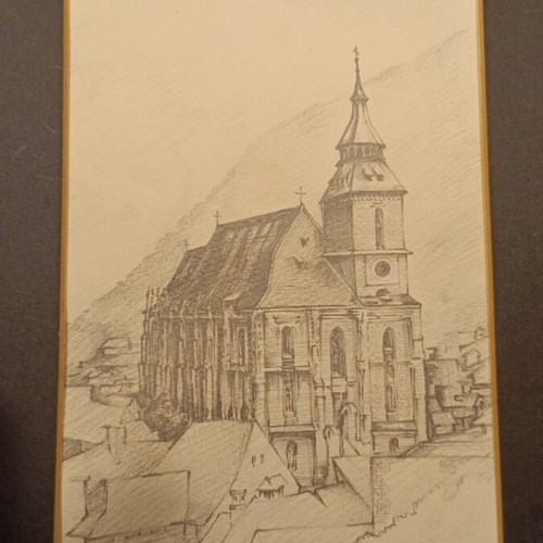 Collectible Handmade Pencil Sketch of Black Church Brasov Romania like new