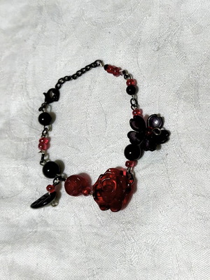 Flower bracelet red and black, handmade beads, gothic romantic style