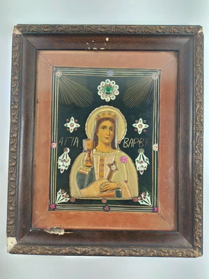 Antique embroidered icon of Saint Barbara used, rare Aegina craftsmanship
