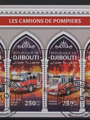Mini sheet stamps Djibouti 2019 new, fire trucks