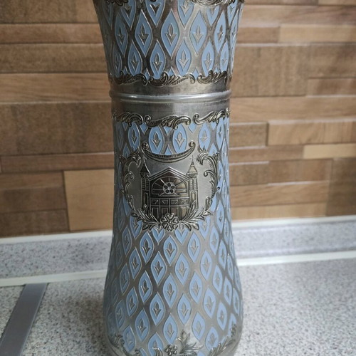 Vintage decorative vase used with silver-plated body and blue enamel