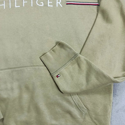 Tommy Hilfiger Olive Green Embroidered Spellout Hoodie Size XL Like New