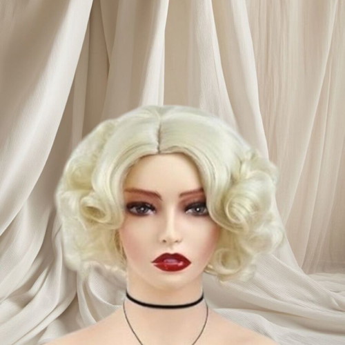 Short blonde curly wig new, large wavy flip style