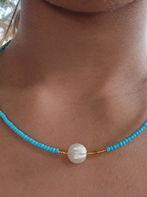Handmade summer necklace with blue and gold beads and pearl