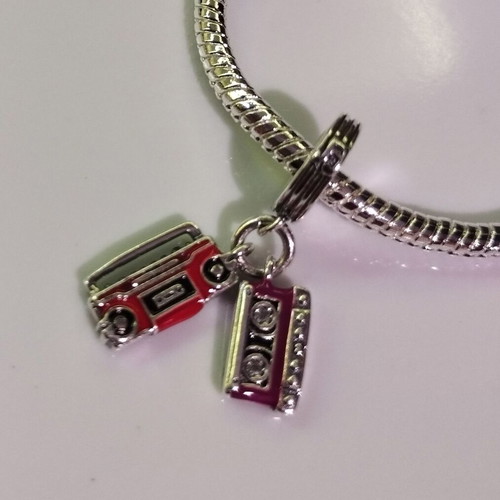 Retro cassette player and tape bracelet 80s new, silver and red