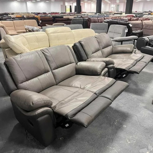 Two-tone gray leather Pluto sofas new with manual reclining mechanism set of two