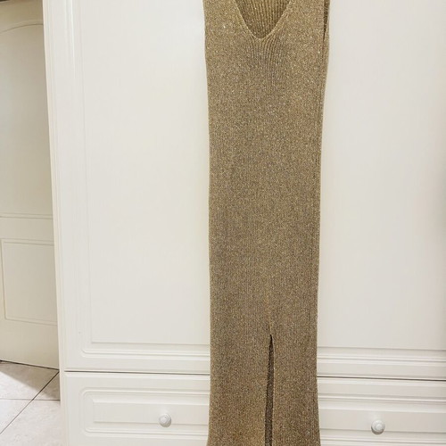 Midi dress with gold thread used, beige and gold