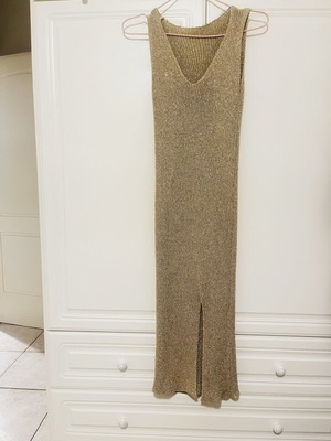 Midi dress with gold thread used, beige and gold