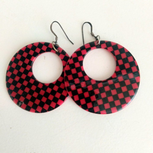 Women's earrings used, large hoops red checkered