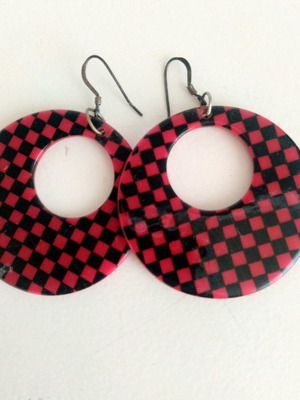 Women's earrings used, large hoops red checkered