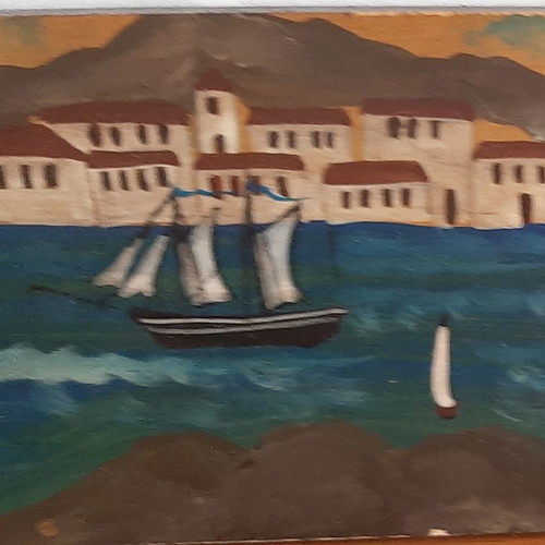 Artwork used with sea, ships and harbor image on wooden board