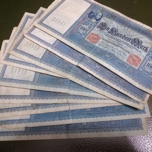 German 100 mark banknotes 1910 used, rare authentic