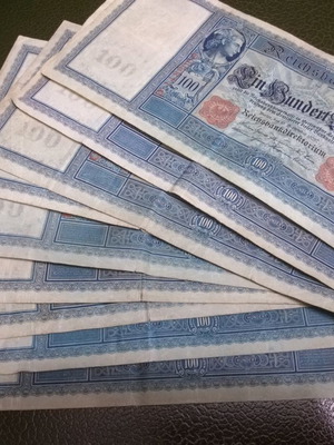 German 100 mark banknotes 1910 used, rare authentic