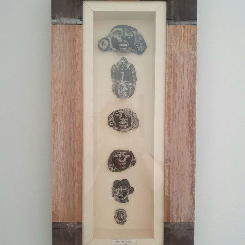 Pre-Columbian art masks used, set of 6 in wooden frame with glass
