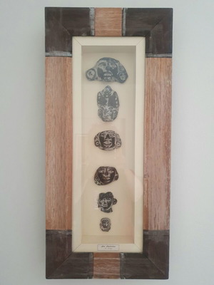 Pre-Columbian art masks used, set of 6 in wooden frame with glass