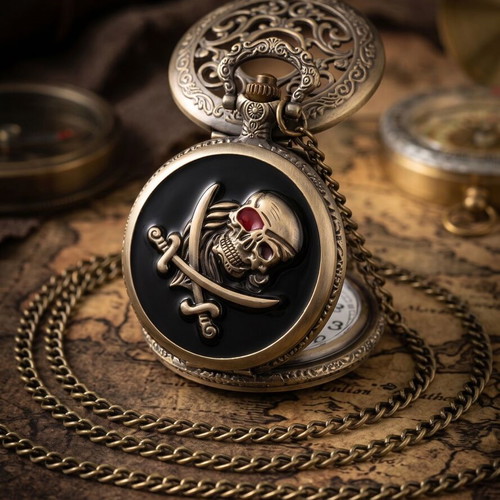 Vintage Black Pirate Skull Quartz Pocket Watch with Chain