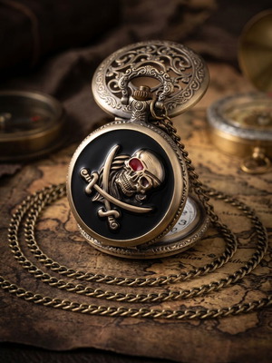 Vintage Black Pirate Skull Quartz Pocket Watch with Chain