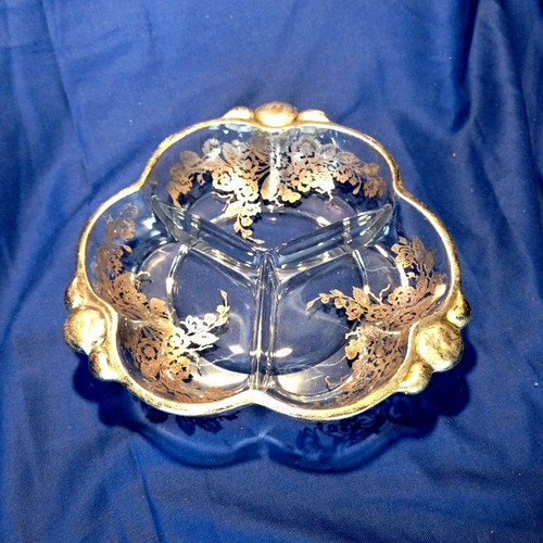 Vintage glass divided serving dish 20 cm with silver decoration like new