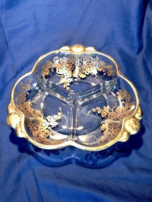 Vintage glass divided serving dish 20 cm with silver decoration like new