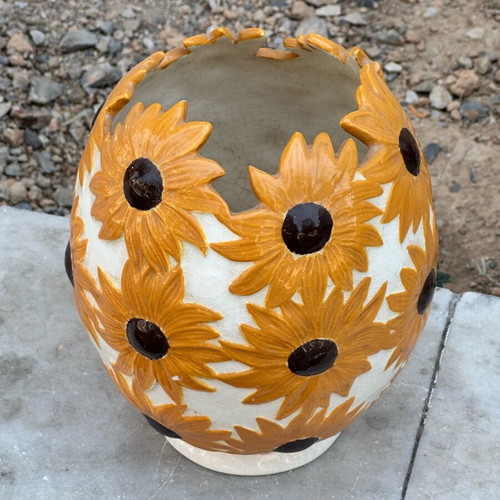 Collectible ceramic vase with sunflowers used, handmade 1978