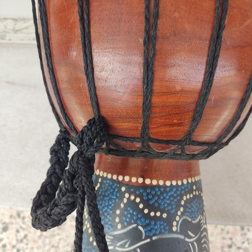 Djembe drum used, traditional carved wood, 30cm height