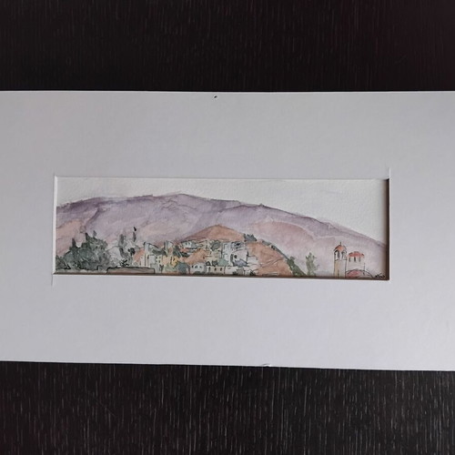 Watercolor mountain village and church like new, authentic signed painting