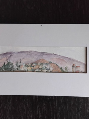 Watercolor mountain village and church like new, authentic signed painting