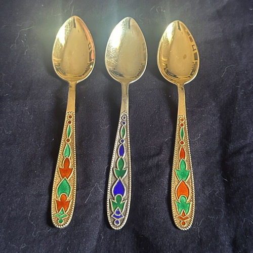 Set of 3 Soviet Silver 875 Spoons with Enamel