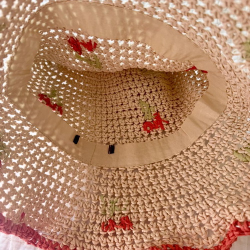 Zara Straw Bucket Hat with Embroidered Cherries used, boho style