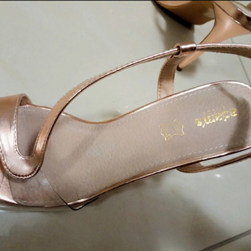Adam's Shoes strappy heeled sandals pink rose gold vegan leather like new