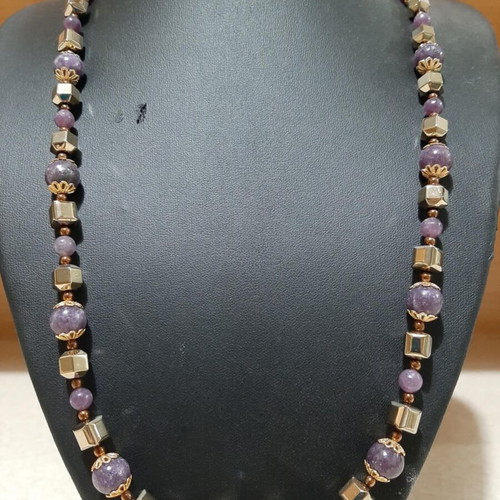 Necklace with Lepidolite and Hematite in 925 Silver, over 60 cm, new