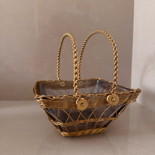 Decorative basket like new with metal mesh and glass bowl