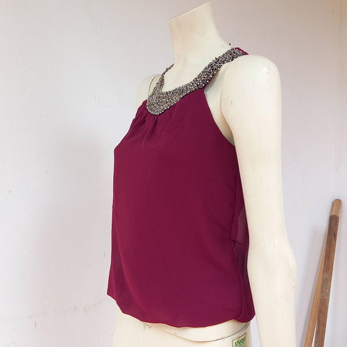 Embroidered blouse XS balloon fit with silver beads red wine color