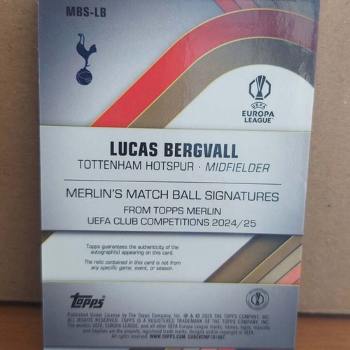 Topps Merlin Lucas Bergvall RC Match Ball Auto Black Refractor /10 like new
