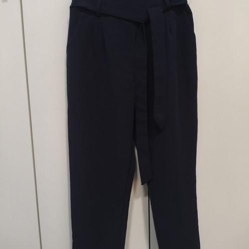 High-waisted fabric pants with belt like new, dark blue