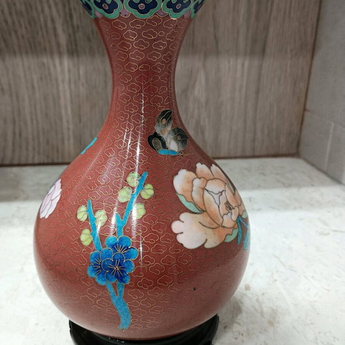Pair of Vintage Cloisonné Vases Like New with Wooden Bases