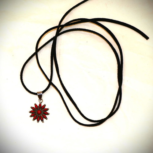 Pendant necklace with raw red coral and 925 sterling silver Navajo Indian