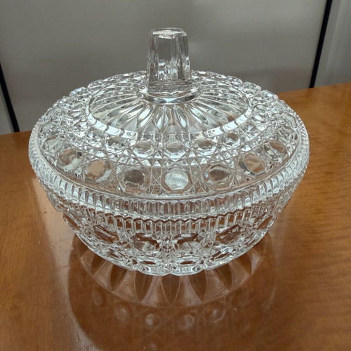 Vintage glass candy dish with lid and embossed design like new