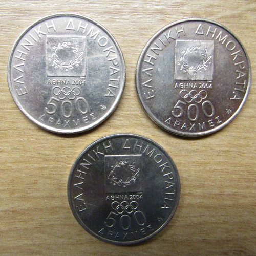 Collectible 500 Drachma Coins Olympic 2004 used, set of 3