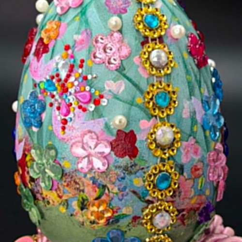 Handmade decorative plastic egg with floral design and beads, new
